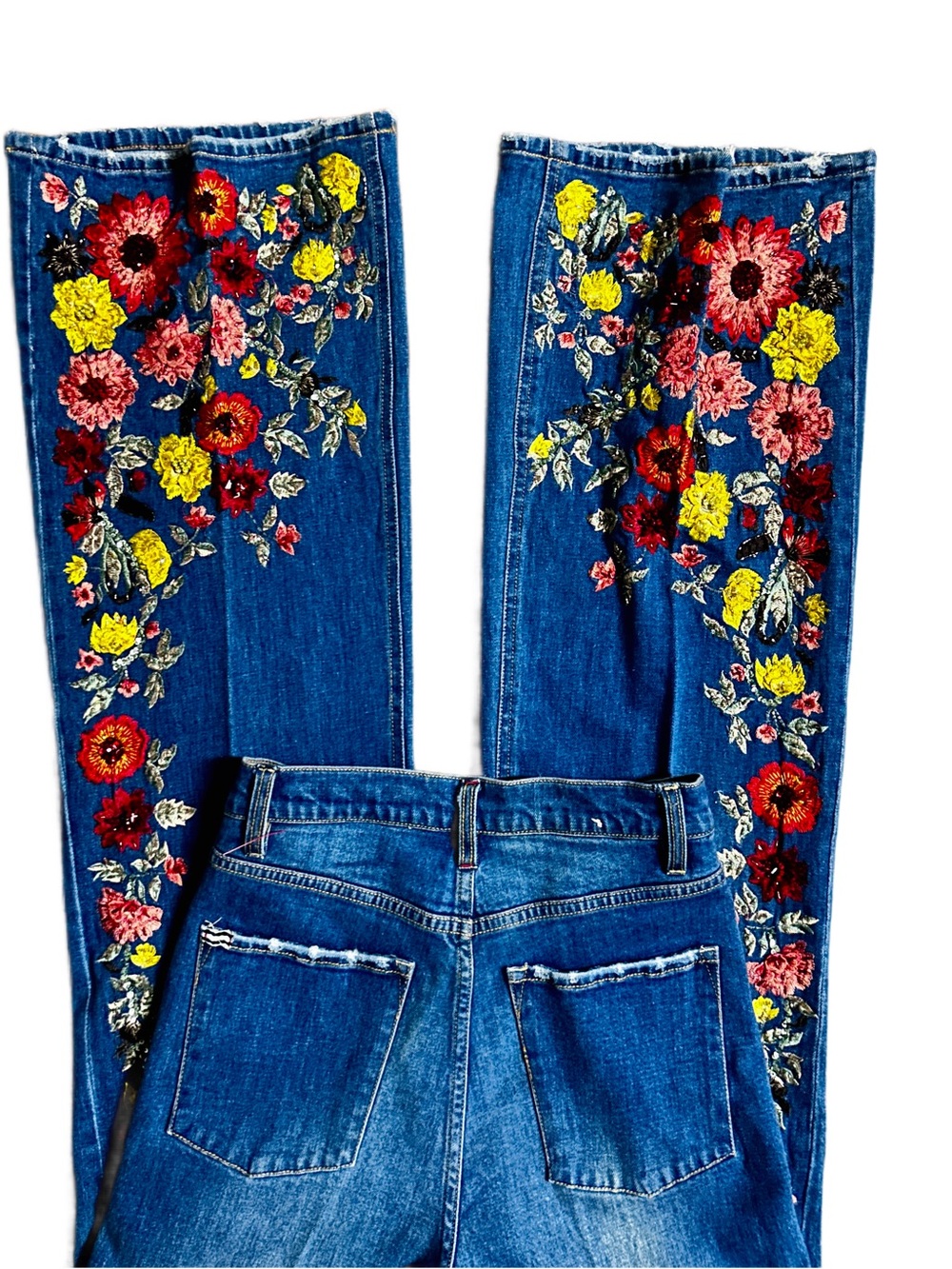 Alice + Olivia ~ Size 27 ~ Blue Denim W/ Multi-Colors Embroidery Floral Jeans - Picture 7 of 16
